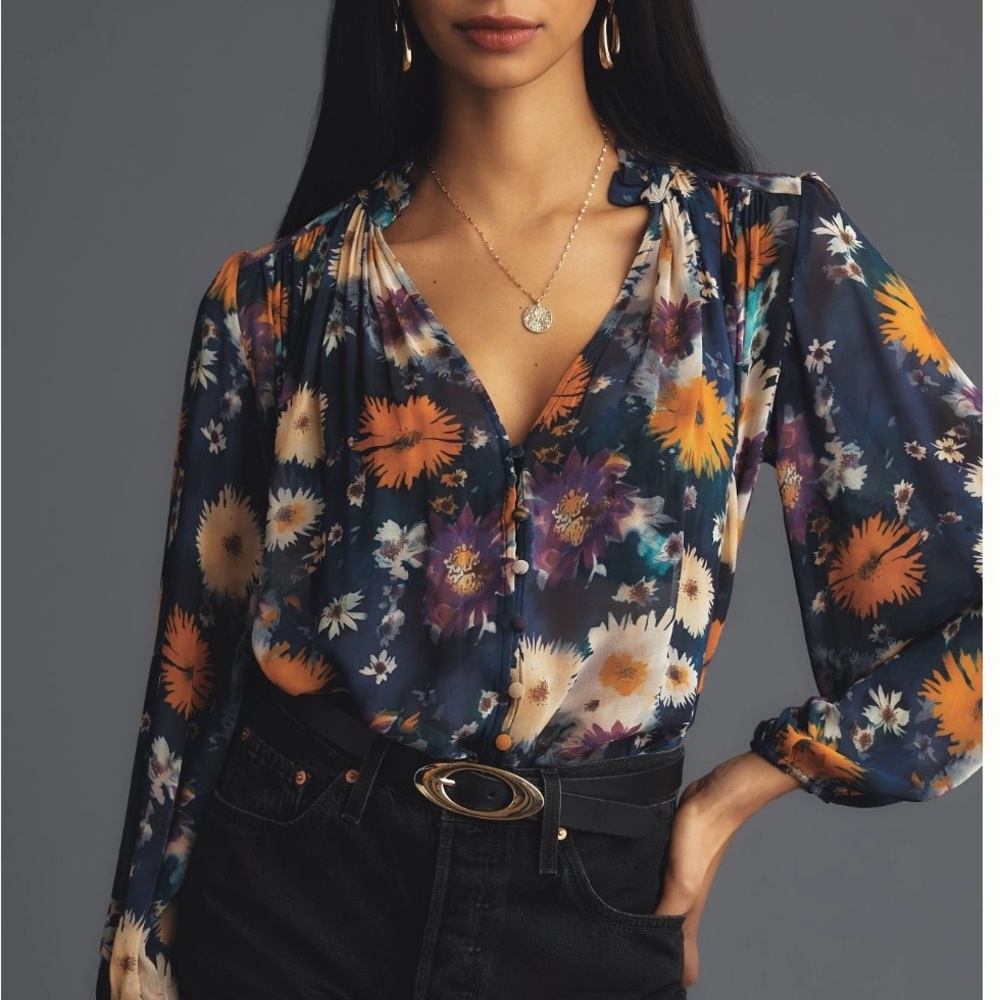 Anthropologie Orange and Blue Puff Sleeve Blouse